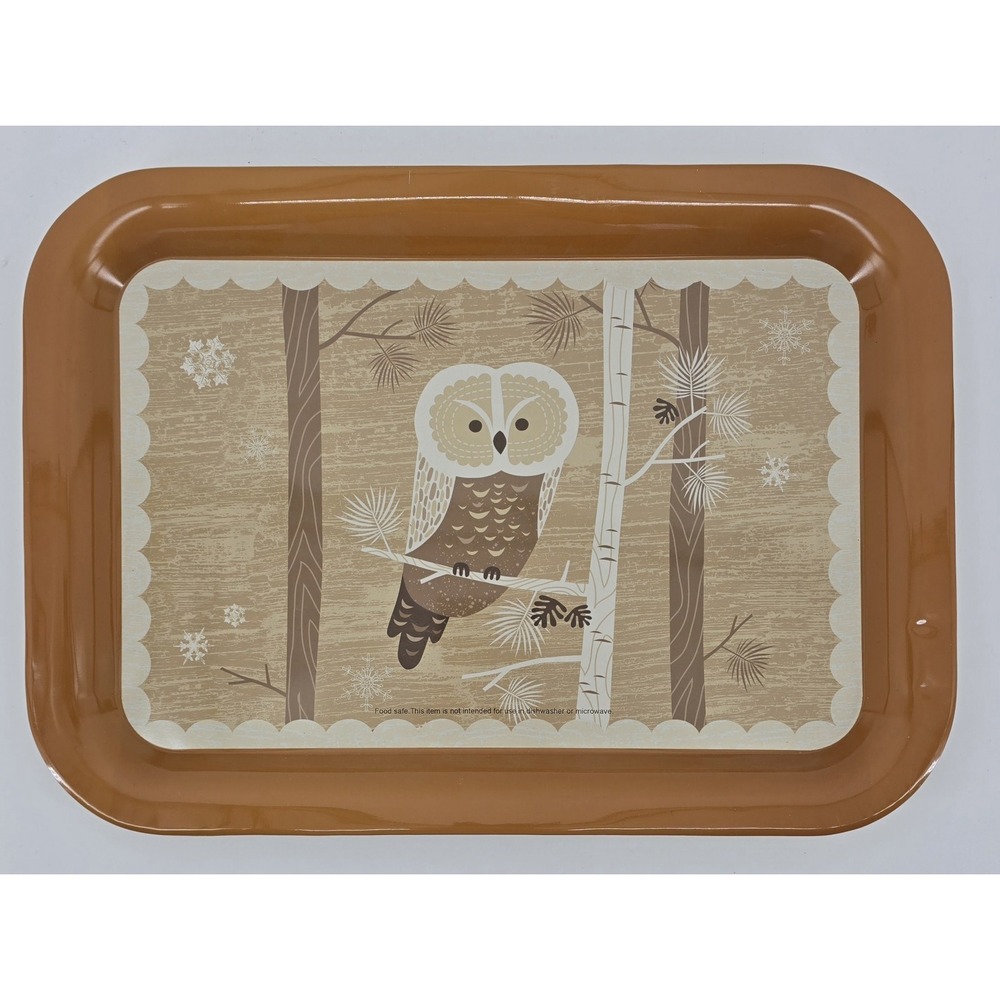 Vintage Snowy Owl Metal Serving Tray Tan White Farmhouse Tin 10X 14"‎ Birds 90s